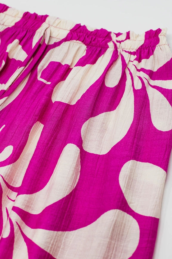 Elasticated Waist Straight Leg Pants in Fuchsia Floral Print-Pants-Q2-L-Pink-Urbanheer