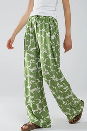 Elasticated Waist Wide Leg Pants with Green Floral Print-Pants-Q2-S-Green-Urbanheer