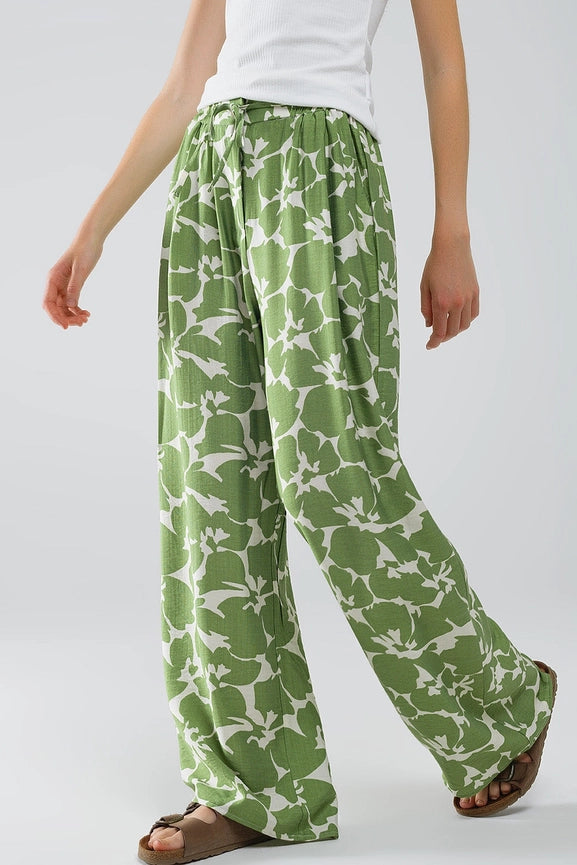 Elasticated Waist Wide Leg Pants with Green Floral Print-Pants-Q2-S-Green-Urbanheer