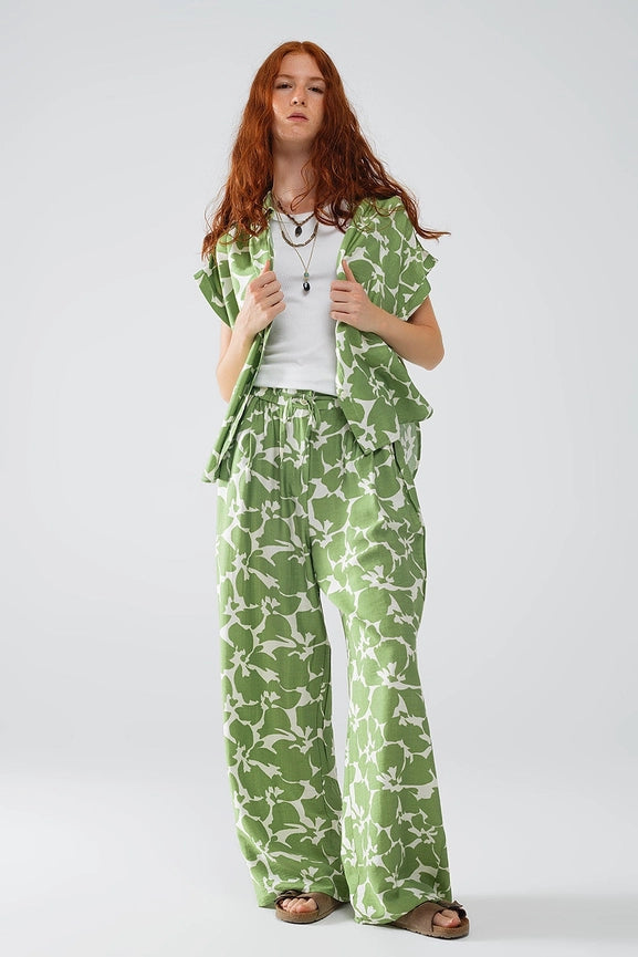 Elasticated Waist Wide Leg Pants with Green Floral Print-Pants-Q2-S-Green-Urbanheer