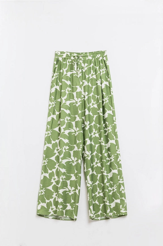 Elasticated Waist Wide Leg Pants with Green Floral Print-Pants-Q2-S-Green-Urbanheer