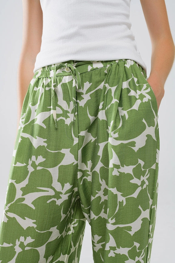 Elasticated Waist Wide Leg Pants with Green Floral Print-Pants-Q2-S-Green-Urbanheer
