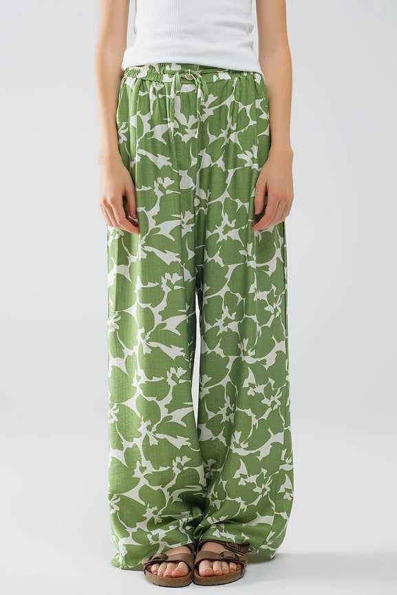 Elasticated Waist Wide Leg Pants with Green Floral Print-Pants-Q2-S-Green-Urbanheer