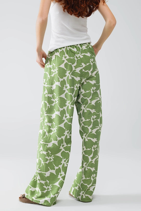 Elasticated Waist Wide Leg Pants with Green Floral Print-Pants-Q2-S-Green-Urbanheer