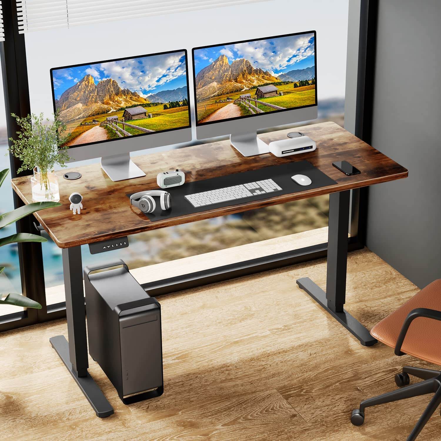 Electric Height Adjustable Standing Desk,Sit to Stand Ergonomic Computer Desk,Brown,55'' x 24'-UH Decor-Default-Urbanheer