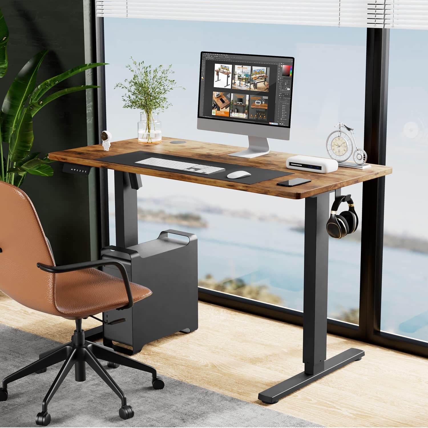Electric Height Adjustable Standing Desk,Sit to Stand Ergonomic Computer Desk,Brown,55'' x 24'-UH Decor-Default-Urbanheer