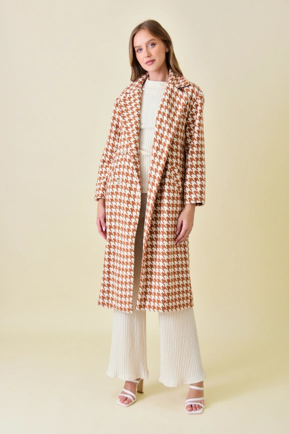 Elegant Long Sleeve Houndstooth Long COAT-Coat-Fore Collection-S-RUST/IVORY-Urbanheer