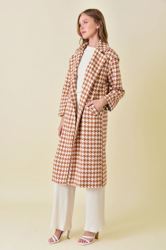 Elegant Long Sleeve Houndstooth Long Coat RUST/IVORY-Coat-Fore Collection-S-RUST/IVORY-Urbanheer