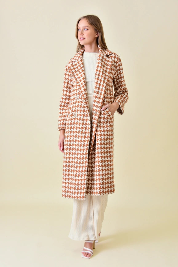 Elegant Long Sleeve Houndstooth Long Coat RUST/IVORY-Coat-Fore Collection-S-RUST/IVORY-Urbanheer