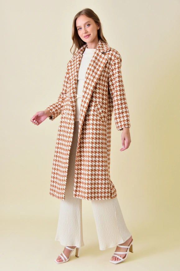 Elegant Long Sleeve Houndstooth Long Coat RUST/IVORY-Coat-Fore Collection-S-RUST/IVORY-Urbanheer