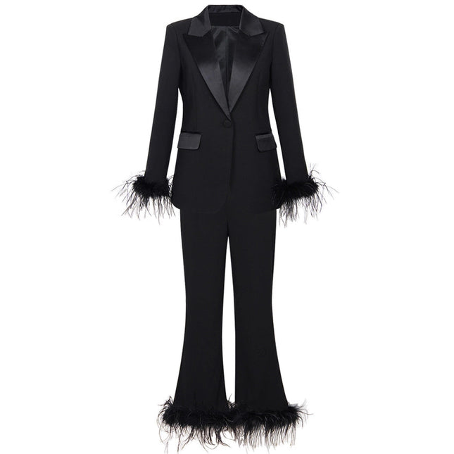 Elegant Ostrich Feather Blazer & Pants Set Black-Set-Productseeker-XS-Urbanheer