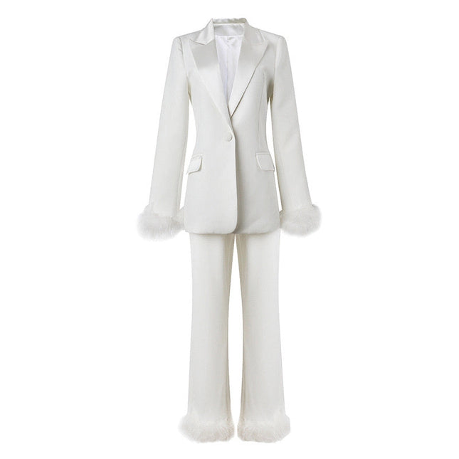 Elegant Ostrich Feather Blazer & Pants Set White-Set-Productseeker-XS-Urbanheer