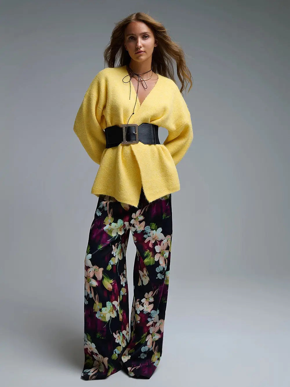 Elegant Yellow Wrap Knitted Cardigan