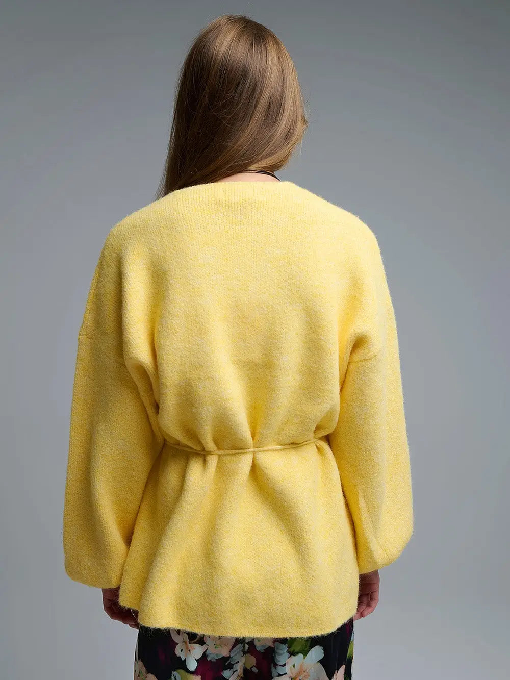 Elegant Yellow Wrap Knitted Cardigan
