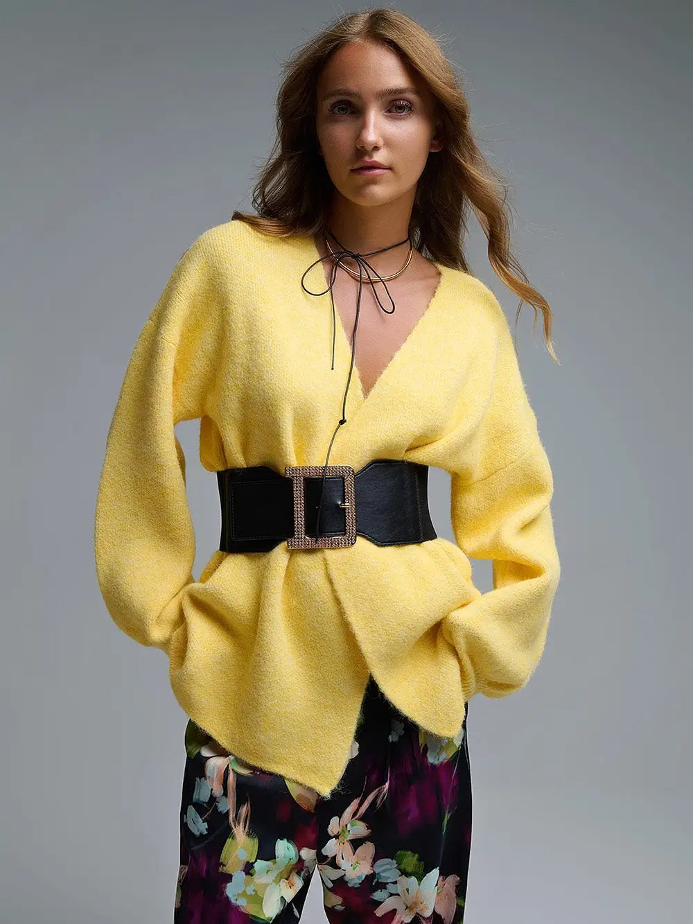 Elegant Yellow Wrap Knitted Cardigan