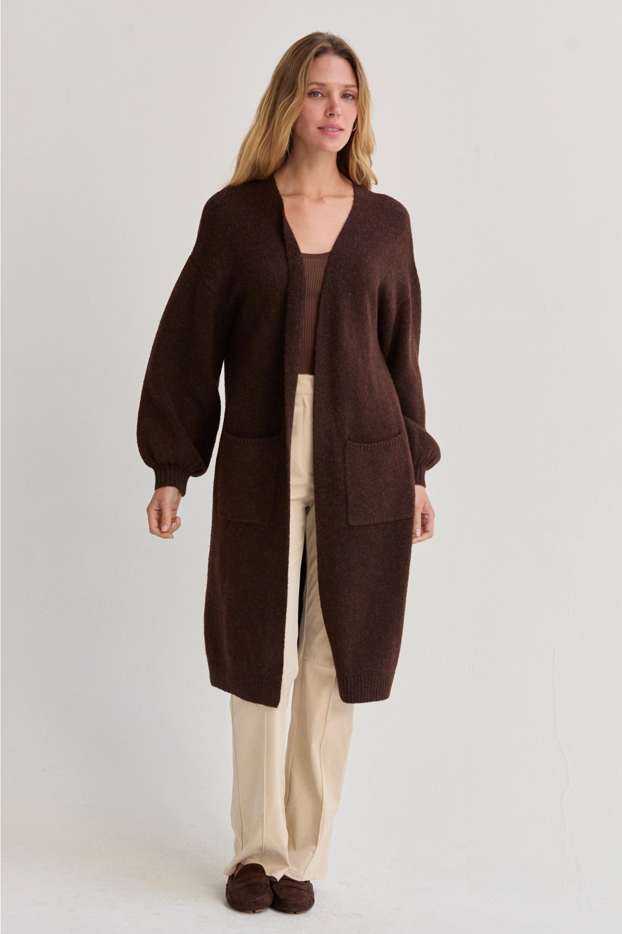 Elena Balloon Sleeve Longline Cardigan in Brown