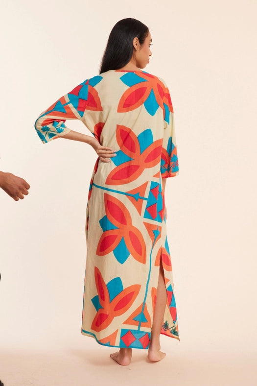 Elina Beige Abstract Multi Fall Resort Maxi Caftan Dress-Dress-ModaPosa-XS-Urbanheer