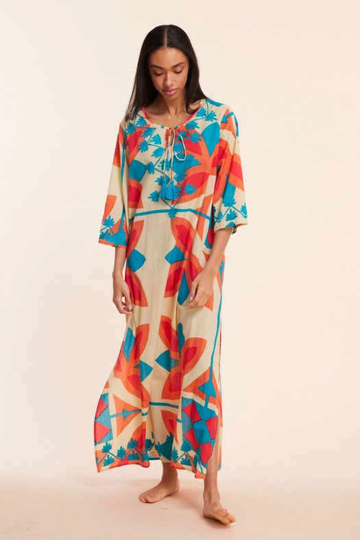 Elina Beige Abstract Multi Fall Resort Maxi Caftan Dress-Dress-ModaPosa-XS-Urbanheer