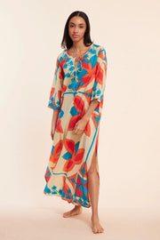 Elina Beige Abstract Multi Fall Resort Maxi Caftan Dress-Dress-ModaPosa-XS-Urbanheer