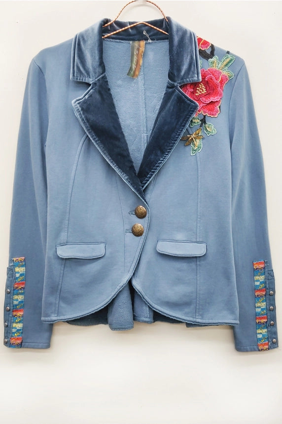 Elise French Terry Knitted Embellished Blazer By Aratta-Blazer-Aratta-XS-Vintage Blue-Urbanheer