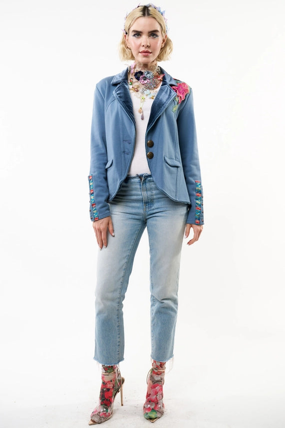 Elise French Terry Knitted Embellished Blazer By Aratta-Blazer-Aratta-XS-Vintage Blue-Urbanheer