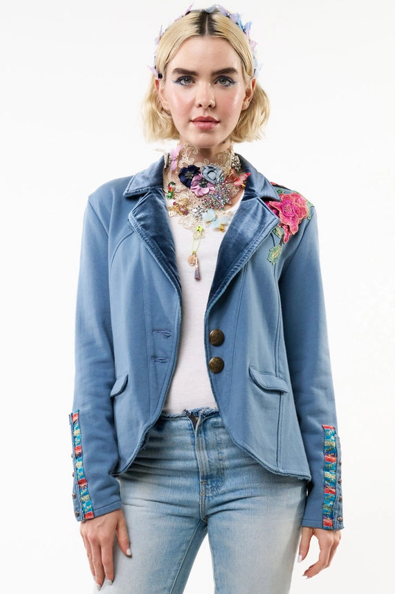 Elise French Terry Knitted Embellished Blazer By Aratta-Blazer-Aratta-XS-Vintage Blue-Urbanheer