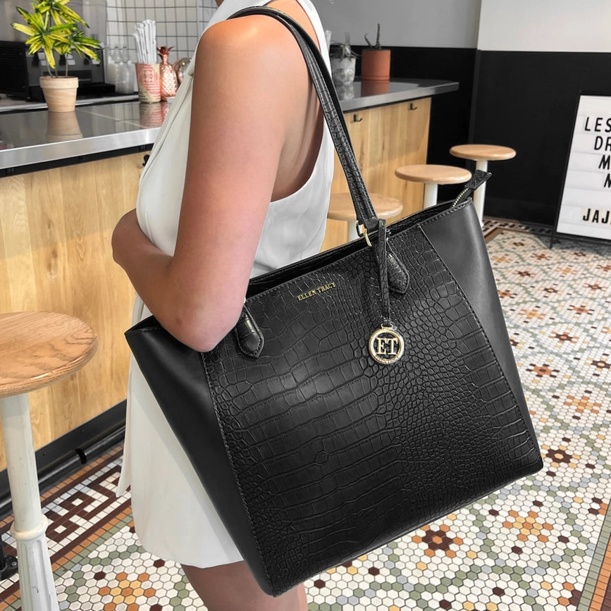 Ellen Tracy Croco Tote BLACK-Tote Bags-Magid-BLACK-001-Urbanheer