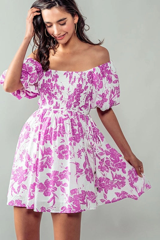 Elsie Blooming Puff Sleeve Dress FUCHSIA-Dress-Urban Daizy-S-FUCHSIA-Urbanheer
