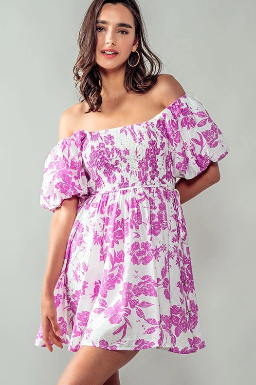 Elsie Blooming Puff Sleeve Dress FUCHSIA-Dress-Urban Daizy-S-FUCHSIA-Urbanheer