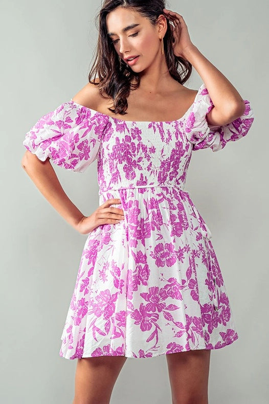 Elsie Blooming Puff Sleeve Dress FUCHSIA-Dress-Urban Daizy-S-FUCHSIA-Urbanheer