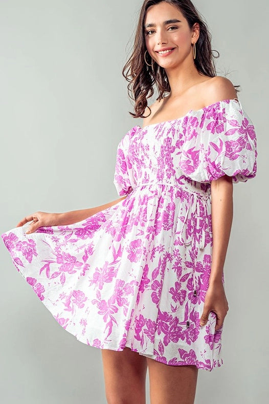 Elsie Blooming Puff Sleeve Dress FUCHSIA-Dress-Urban Daizy-S-FUCHSIA-Urbanheer