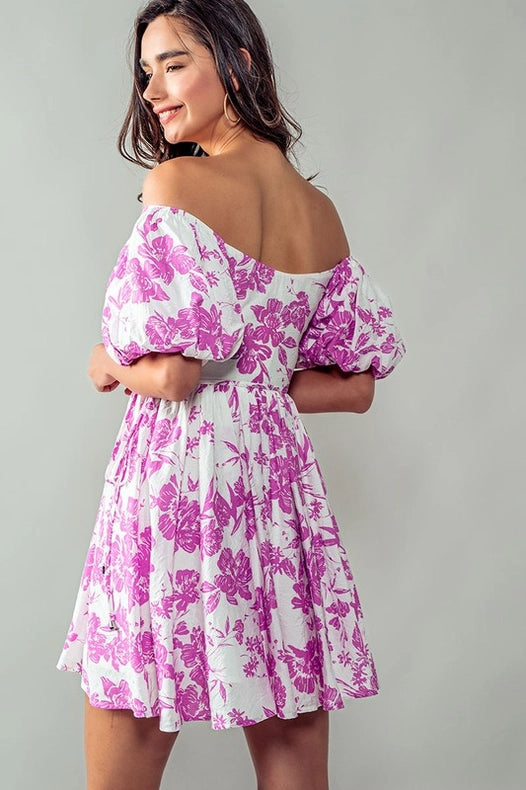 Elsie Blooming Puff Sleeve Dress FUCHSIA-Dress-Urban Daizy-S-FUCHSIA-Urbanheer