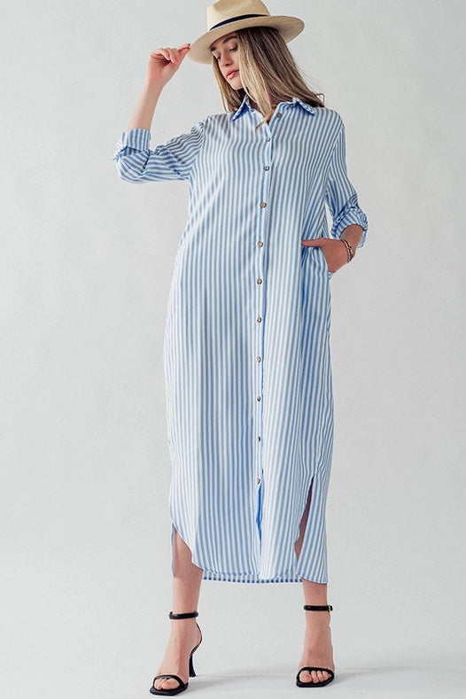 Elsie Polyester Stripe Long Shirt Dress-Dress-Urban Daizy-S-BLUE-Urbanheer