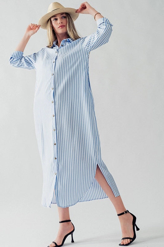Elsie Polyester Stripe Long Shirt Dress-Dress-Urban Daizy-S-BLUE-Urbanheer