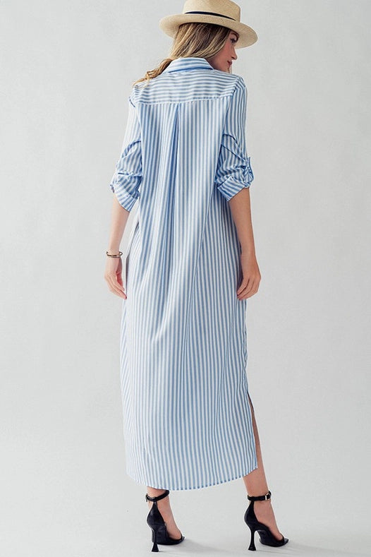 Elsie Polyester Stripe Long Shirt Dress-Dress-Urban Daizy-S-BLUE-Urbanheer