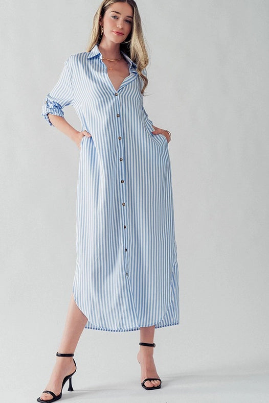 Elsie Polyester Stripe Long Shirt Dress-Dress-Urban Daizy-S-BLUE-Urbanheer