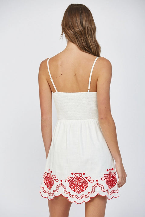 Emb Detail Linen Blend Scallop Edge Dress-Dress-FATE-S-OFF WHITE-Urbanheer