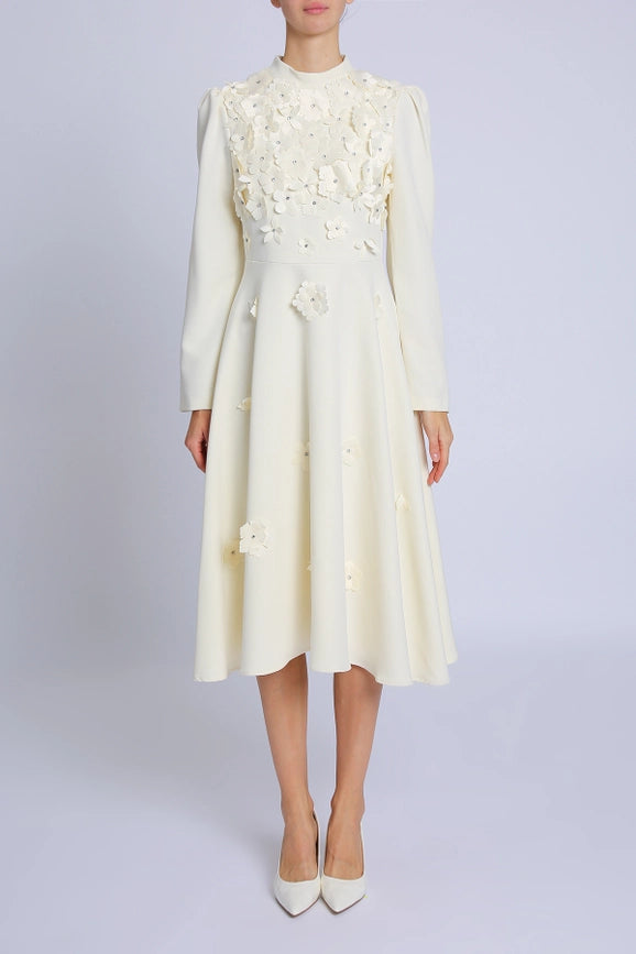 Embellished Floral Appliques A-Line Midi Dress Beige-Dress-Beulah Style-S-Beige-Urbanheer