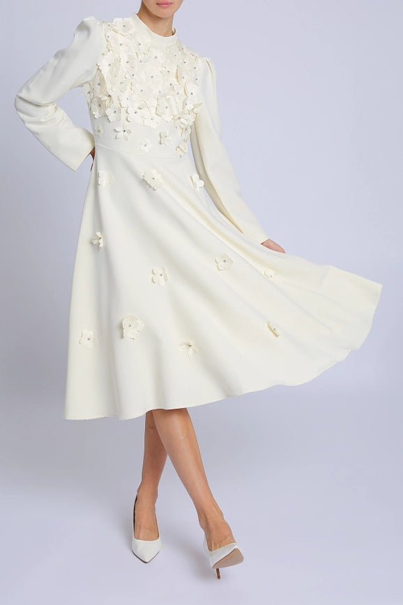 Embellished Floral Appliques A-Line Midi Dress Beige-Dress-Beulah Style-S-Beige-Urbanheer