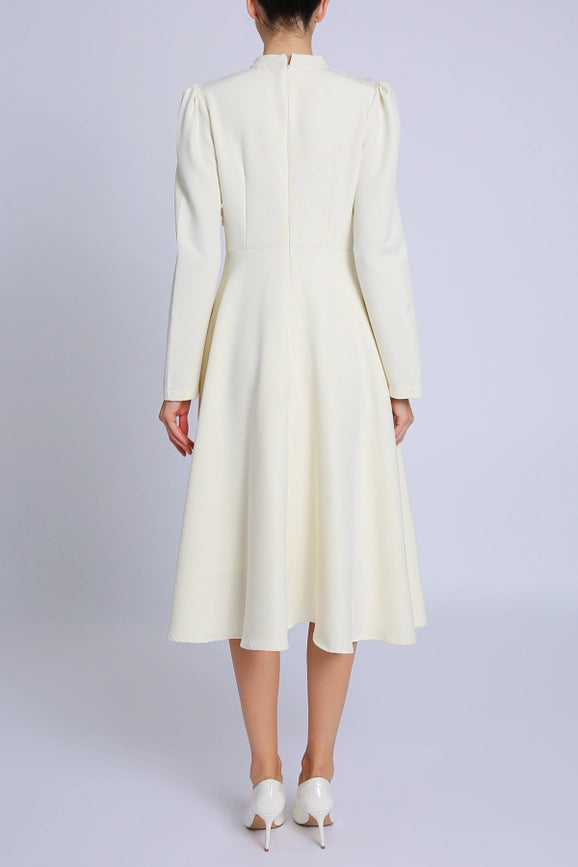 Embellished Floral Appliques A-Line Midi Dress Beige-Dress-Beulah Style-S-Beige-Urbanheer