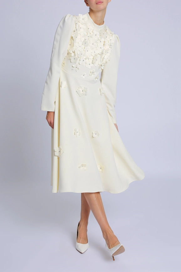 Embellished Floral Appliques A-Line Midi Dress Beige-Dress-Beulah Style-S-Beige-Urbanheer