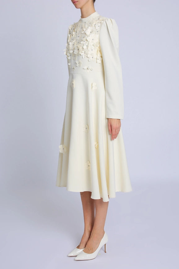 Embellished Floral Appliques A-Line Midi Dress Beige-Dress-Beulah Style-S-Beige-Urbanheer