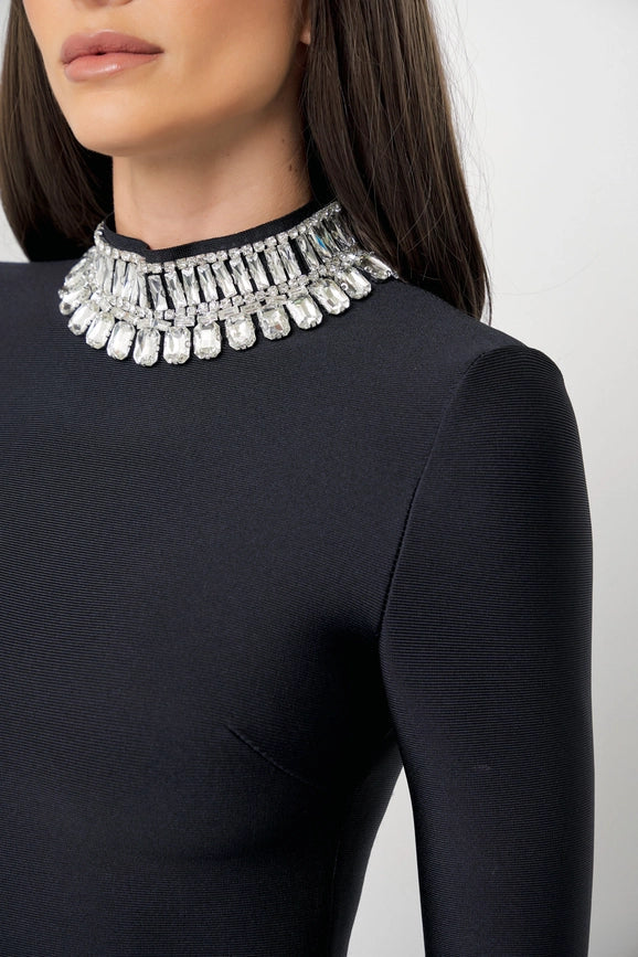 Embellished Mock Neck Dress with Bell Sleeve BLACK-Dress-RIVIR-S-Urbanheer