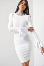Embellished Mock Neck Dress with Bell Sleeve WHITE-Dress-RIVIR-S-Urbanheer