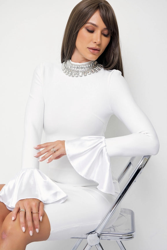 Embellished Mock Neck Dress with Bell Sleeve WHITE-Dress-RIVIR-S-Urbanheer