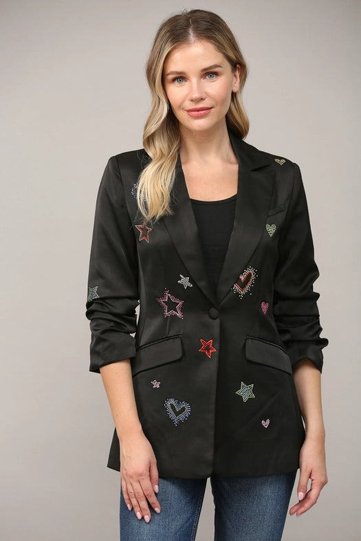 Embellished Scrunch Sleeve Blazer-Blazer-FATE-S-BLACK-Urbanheer