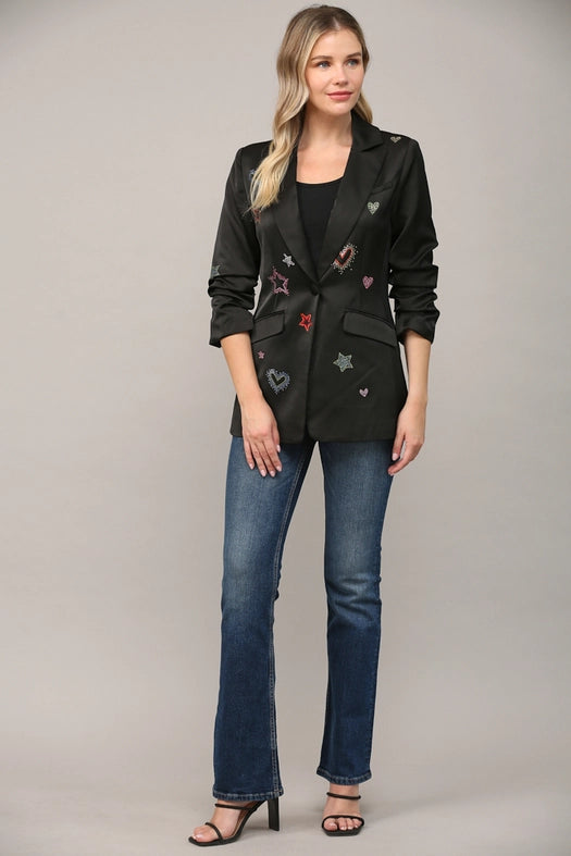 Embellished Scrunch Sleeve Blazer-Blazer-FATE-S-BLACK-Urbanheer