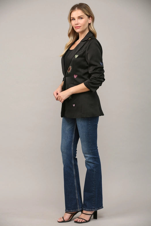 Embellished Scrunch Sleeve Blazer-Blazer-FATE-S-BLACK-Urbanheer