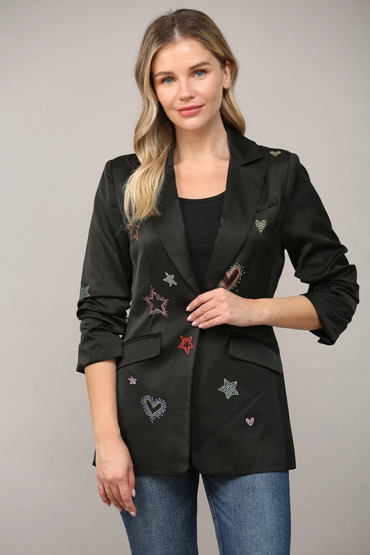 Embellished Scrunch Sleeve Blazer-Blazer-FATE-S-BLACK-Urbanheer