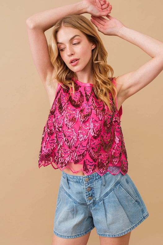 Embellished Sequin Scallop Crop Top Hot Pink-Top-Blue B-S-HOT PINK-Urbanheer